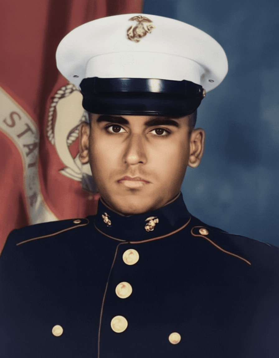 Marine in dress blues uniform with white cover, 1985