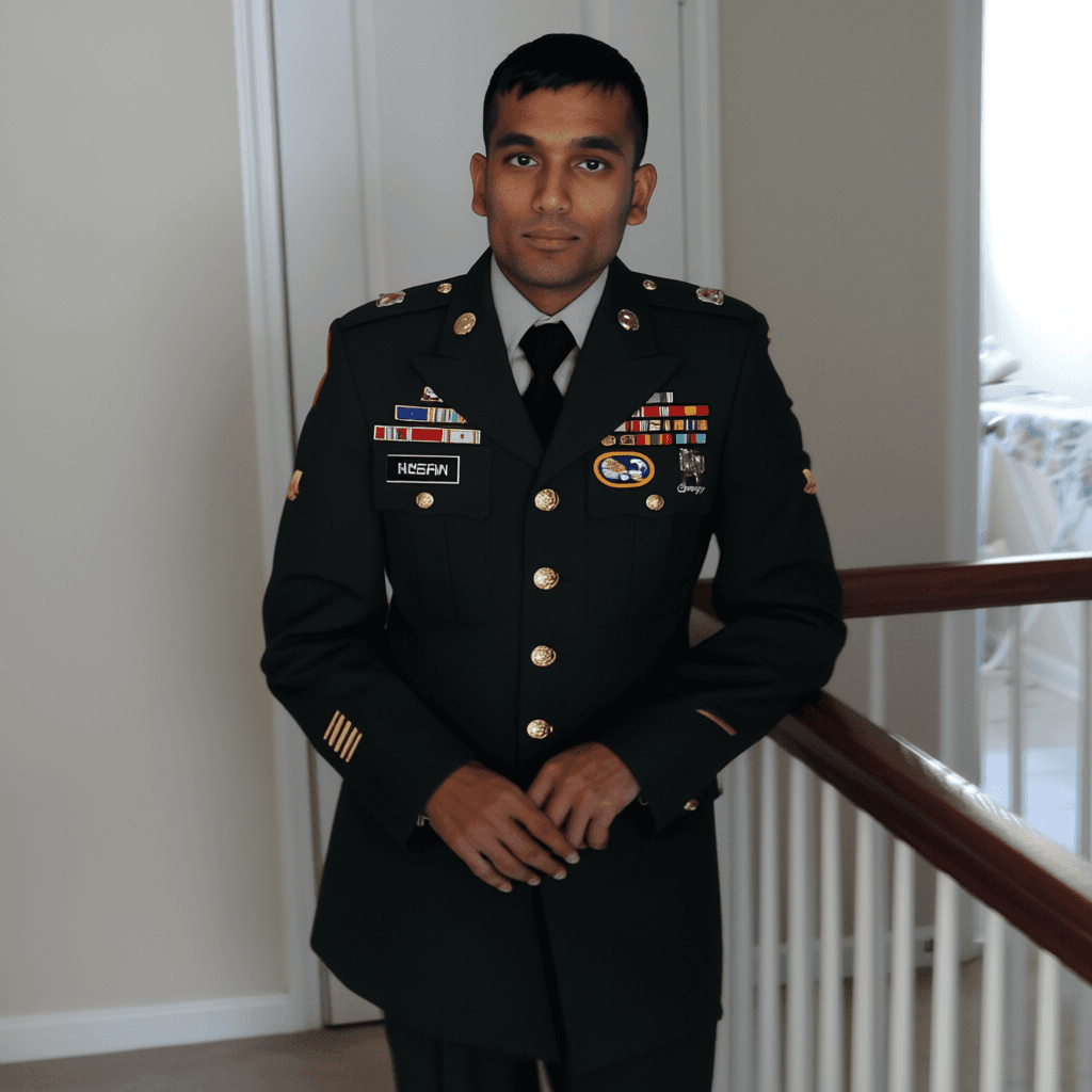 Soldier in dress uniform with service ribbons and military decorations